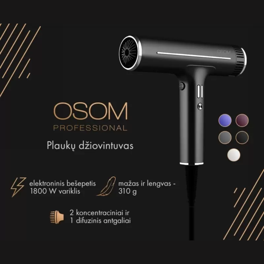 Plaukų džiovintuvas Osom Professional Hair Dryer, ilgaamžis BLDC variklis su jonais, 1800 W - Image 3